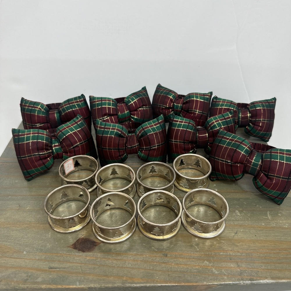 Lot 16 Napkin Ring Holders 8 Pc Cloth Bows Vintage & 8 Audrey Silver Plated Tree